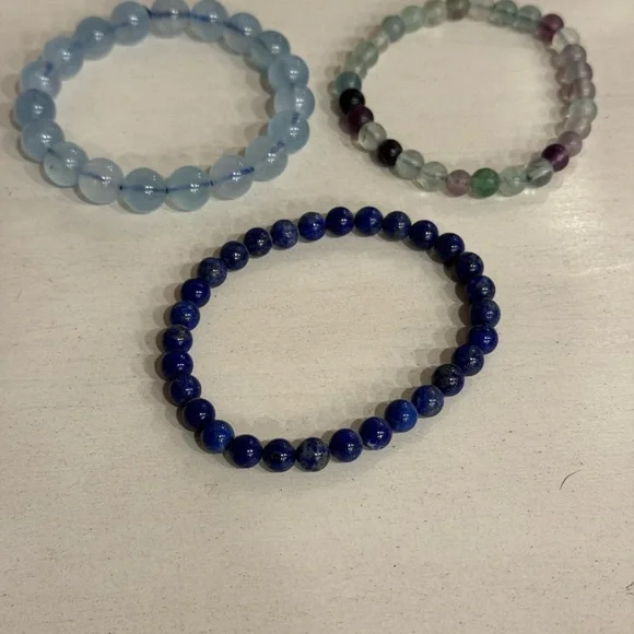 3 Beaded Stretch Bracelets - Lapis Lazuli, Aquamarine, and Fluorite - Picture 1 of 4